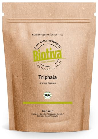 Triphala Bio 500 capsules - 500mg par gélule - Dose de 250 jours - Triphala biologique à forte dose - embouteillé et contrôlé en Allemagne - végétalien- Biotiva