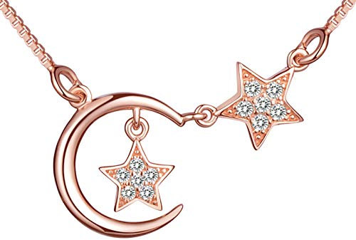 MICSAVI Star and Moon Necklace Women's 925 Sterling Silver Half Moon with Double Star Necklace for Women and Girls Rose Gold