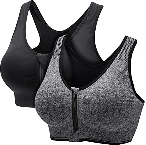 CARETOO Damen Sport BH Stark Halt Active Bra Höhe Beanspruchung Trainieren Bustier Fuer Yoga Fitness - Mit Reißverschluss Schwarz + Grau, XL