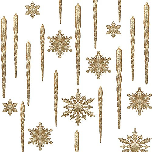 72 Stücke Acryl Eiszapfen Weihnachten Schneeflocke Eiszapfen Ornamente Hängende Eiszapfen Tropfen Ornamente Schneeflocke Eiszapfen Dekorationen Set für Weihnachtsbaum Dekoration (Gold)