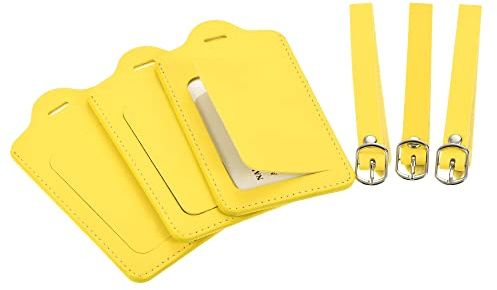 sourcing map Lot de 3 porte-étiquettes de bagage en polyuréthane 12 x 7 cm avec sangles pour sac à dos, sac de voyage, valise Jaune