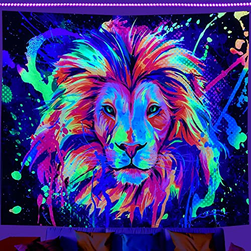Bimwxuy Schwarzlicht-Wandteppich, UV-reaktiv, Neon-Tapisserie, Graffiti-Löwe, leuchtet unter Schwarzlicht, Wandbehang für Wohnzimmer, Schlafzimmer, Schlafsaal, Spielzimmer, 152,4 x 130,9 cm