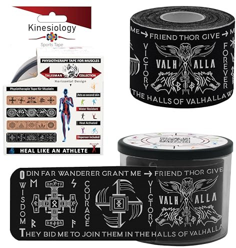 Kinesiologisches Sport-Muskeltape mit Spender, Schwarz, 5 Meter, vorgeschnitten, 20 Streifen, synthetisches Physiotherapie-Tape für Gesicht, Schulter, Rücken, Handgelenk, Knie, Wade, Knöchel und Füße