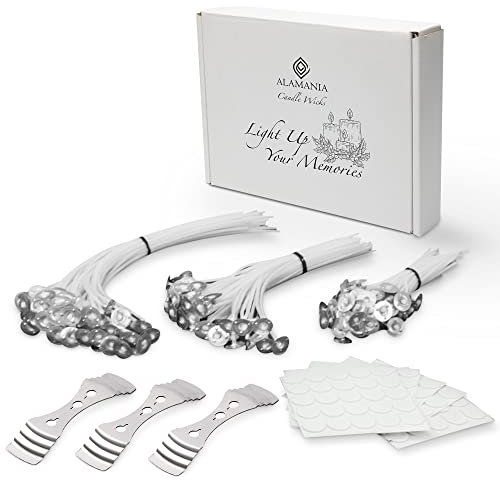 ALAMANIA 150Pcs Candle Wicks For Making Candles 10cm,15cm,20cm(50each) with 3 Candle Wick Holders&150 Glue Dot Wick Stickers-Low Smoke-Long Burn-Easy To Make Candles At Home-For DIY Candles-DIY Crafts