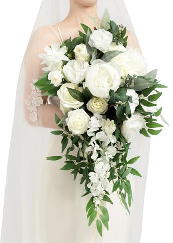 Ling's moment Bridal Bouquet Cascading White Wedding Bouquets for Bride