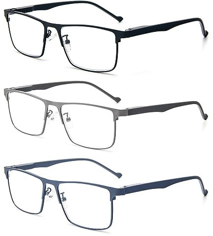KoKoBin 3er-Pack Rechteck Lesebrille mit Federscharniere und blaulichtblockierende Lesebrille Leichtes Lesegerät für Herren und Damen mit Metallrahmen (3er-Pack, 2, diopters)