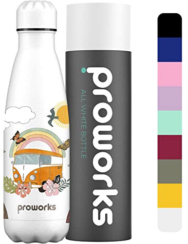 Proworks Performance Stainless Steel Sports Water Bottle | Double Insulated Vacuum Flask for 12 Hours Hot & 24 Hours Cold Drinks For Home, Work, Gym & Travel - 500ml - All White - Retro Roadtrip