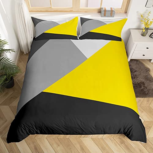 Homewish Yellow Grey Black King Size Duvet Cover Set with 2 Pillowcases - 100% Soft & Breathable Polyester, Zip Closure - Geometric Triangle Bedding - Modern Simple Pattern with Black Reverse