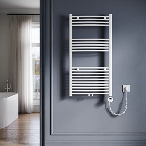 SONNI Badheizkörper Elektrisch mit Thermostat 1150x600 mm Weiß Gebogen Handtuchtrockner Mittelanschluss Oval Handtuchwärmer für Bad Heizung 600W