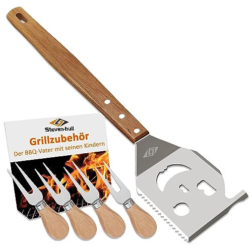 Grillwerkzeug-Set, 7-in-1-Grillspatel mit 4 Stück Maiskolbenspieße, multifunktionales Grillzubehör, Grillwerkzeuge mit Holzgriff, Grillgeschenke für Männer