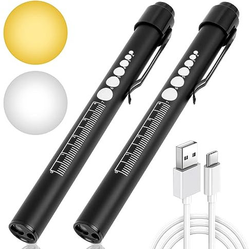 2PC Taschenlampe flintronic Pupillenleuchte Medizin, Diagnostikleuchte Krankenschwester Rettungsdienst Zubehör mit Pupillenmessgerät und Lineal, Aufladbar USB LED Stiftlampe für Studentische Ärzte