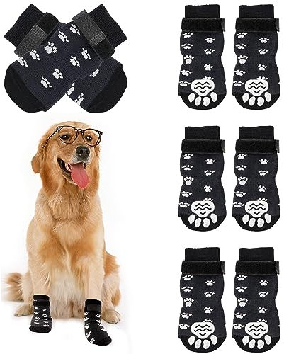4 Paar Anti-Rutsch Socken für Hunde, einstellbare Indoor-Hundegriff-Socken mit Riemen, Haftsocken Pfotenschutz für Drinnen, Hundesocken Anti Rutsch, Hundesocken für Hunde im Innenbereich im Freien (L)