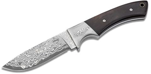 BÖKER PLUS® M-One Damast Jagdmesser - edles Damastmesser mit feststehender Klinge & Leder-Scheide - Fahrtenmesser mit Eben-Holz Griff - Damaszener Outdoor Messer in Geschenk-Box