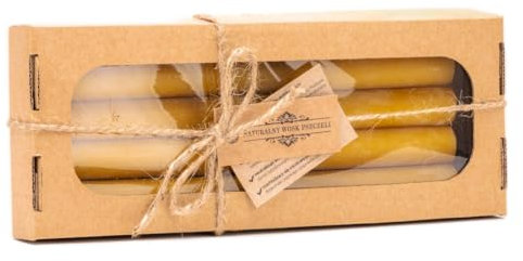 BIENE24.DE Bienenwachs Stabkerzen 4er Set, Stabkerze, Tafelkerze, Höhe 25cm, Durchmesser 2cm, in Geschenkkarton