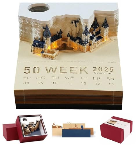 Zacidler Zeitmesser-Kalender 2024, Schreibtischkalender mit Lichtern, 3D-Kalender 2024, Notizblock, Schnitzkunst, Notizblock, DIY, klebrige Post Handwerk mit Zeitmesser, Kalender (Schloss), Castle