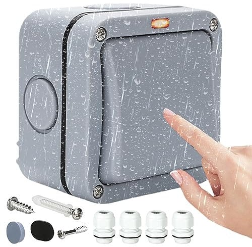 Interruptor universal resistente a la intemperie, interruptor de luz Sporgo 20 A IP66, resistente al agua, interruptor con interruptor independiente y luz de control, gris para exterior, jardín,