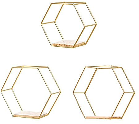 SUNFECILI Modernes Metall-Wandregal, Einfache Holztrennwand-Aufbewahrungsregale, Wanddekor-Regal für Schlafzimmer, Wohnzimmer, Küche und Büro, Hängendes Regal, Dekorativer (Gold)