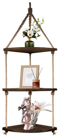 HZE Eckregal Hängend, 3 Etagen Holz Eckregal Hängend mit Seil,Holz Schwimmende Regale, Rustikale Wandregal Holz Hängend Boho Wandregal Decor für Pflanzen Töpfe Fotorahmen Sukkulenten