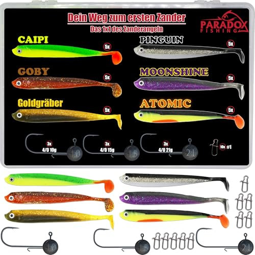 Paradox Fishing Zander Starter Box - 30 Gummifische 13cm + 9 Jigköpfe + 10 Snaps - Zanderköder Gummifisch Zander Köder Gummifische Set