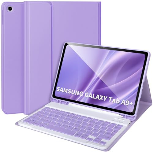 Tastaturhülle für Samsung Galaxy Tab A9+/Plus 11'' 2023 (SM-X210/X216/X218),Hülle mit Tastatur für Samsung Tab A9+ mit S-Pen-Halter,Abnehmbare Bluetooth-Tastatur für Galaxy A9+,Auto Wake/sleep,Lila
