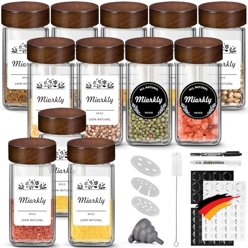 TDSYDS 12x120ml Glass Spice Jar with Sandalwood Lid, Square Kitchen Storage Jar for Sea Salt, Paprika, Cinnamon and Tabletop Storage