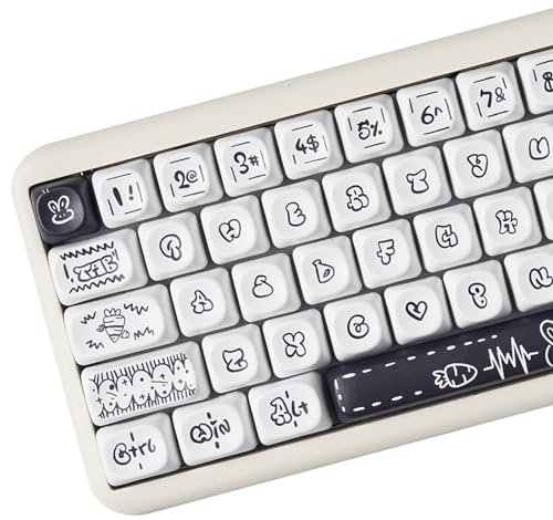 Black and White PBT Keycaps, MOA Profile Keycap, Minimalist Cute 130 Keys DYE-SYB Keycap for Mx Cherry Mechanical Keyboard 61/64/84/87/104/108 Layout (White Rabbit)