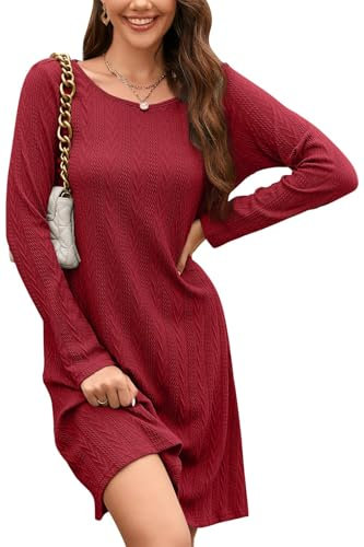 STYLEWORD Robe Pull Femme Manches Longues Col Rond T Shirt Robes Robe Tricotée Côtelée Robe Tunique Couleur Unie Décontractée(Rouge,S)