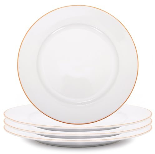 Happy Homewares Premium Set of 4 White Ceramic Dinner Plates with Elegant Thin Orange Rim - Durable, Stylish Dinnerware for Modern Table Settings