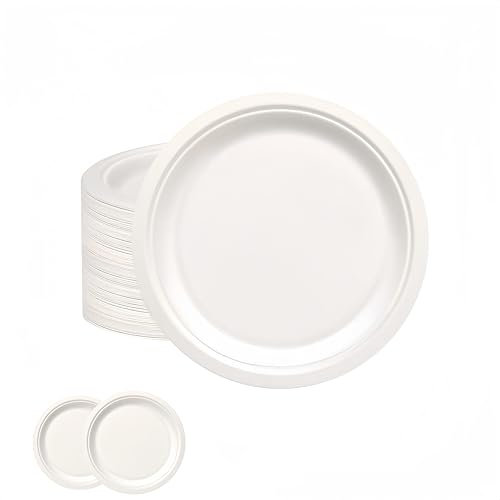 50 Piezas Platos Desechables Papel de Caña de 17.8 cm de diámetro,Blanco Papel para Son de postre,la tarta,Redondo,Orgánico,Biodegradables,Fuertes,Compostables para Fiestas,Picnics, Hogar,Bodas