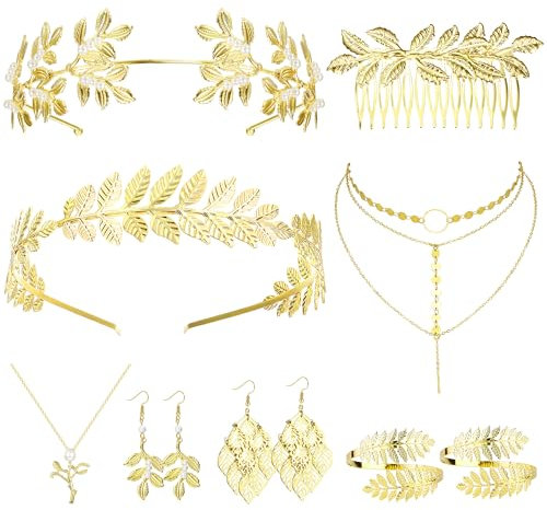 Finrezio Griechische Göttin Kostüm Zubehör Set für Damen Blatt-Stirnband Spiral Oberarmarmband Baumelnde Ohrringe Halskette für Hochzeit Toga Party Verstellbar Brauthochzeit Halloween