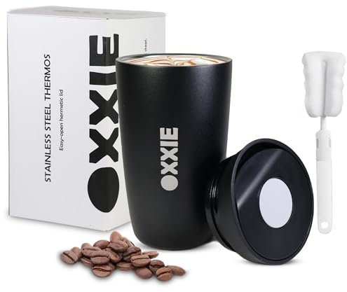 OXXIE Vaso Termo Cafe Para Llevar Pequeño 350ml, Vaso Termico, Aislamiento de Doble Pared, Taza de Cafe de Acero Inoxidable, Taza Termica con Tapa Hermetica, Reutilizable y Antigoteo (Negro)