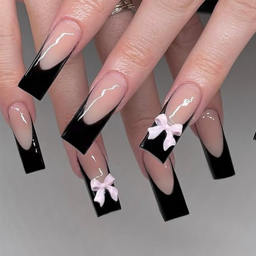 French Tip False Nails - 24pcs Press On Nails Long - French Style Black Edge Bow Stick On Nails With Glue - Long Coffin Shaped Elegant Ballet Luxury Design Fake Nails