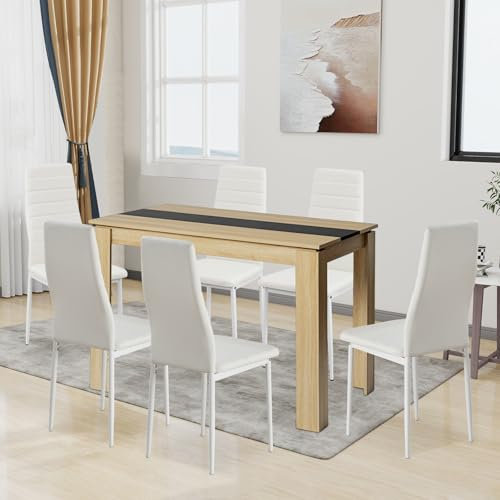 FURNITABLE Esstisch mit 6 Stühlen Esszimmergruppe, Essgruppe mit Hochlehner Kunstleder Stuhl für 6 Personen, Sitzgruppe für Küche Esszimmer Wohnzimmer(110cm Eiche-Schwarz Tisch+6 Weiß Stühle)