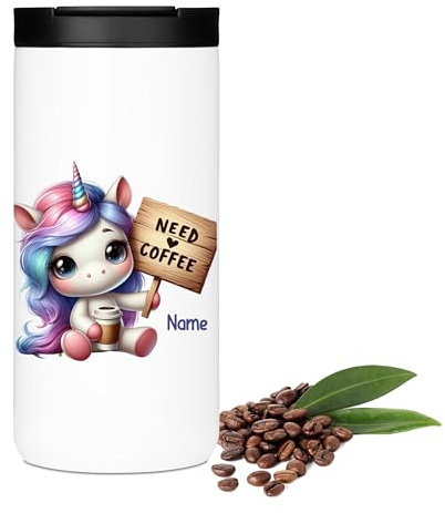 GRAZDesign Thermobecher Kaffee to go Einhorn Need Coffee personalisiert mit Namen - lustiges Motiv, Thermobecher 400ml