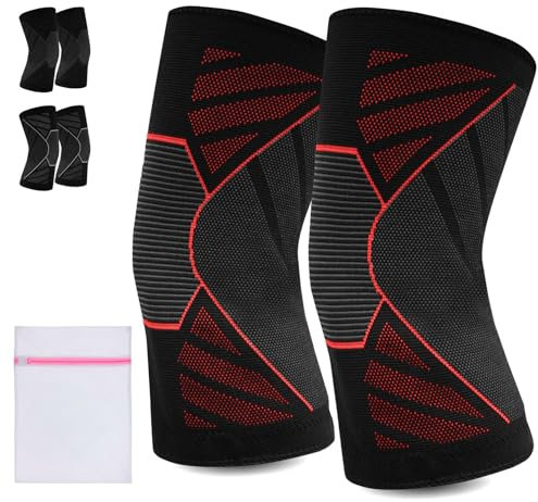 360 RELIEF - 1 Pair Knee Support for Women & Men, Compression Knee Sleeves for Sports, Running, Squats, and Workouts, Flexible & Comfortable Fit, Large, Black/Red + Laundry Bag