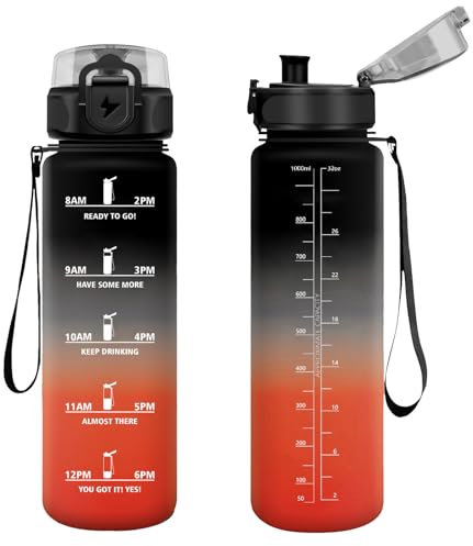 Vikastar Borraccia, 1l, Borraccia Sportiva, Borraccia Motivazionale, Senza BPA, Bottiglia Acqua per Sport, Fitness, Yoga, Scuola, Ufficio, Nero-Rosso