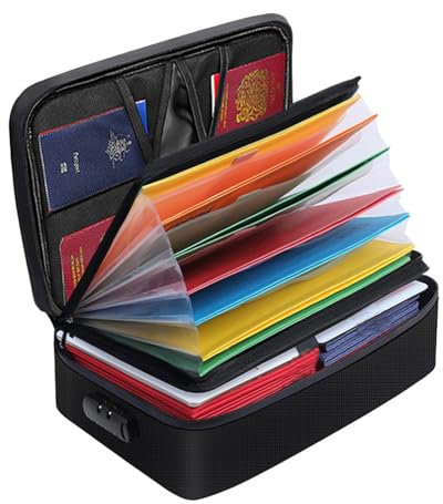 Caja Fuerte Ignifuga, Cajas Fuertes Pequeñas con Cerradura, Caja Seguridad para Casa, Bolsa Ignifuga con 7 Compartimentos, para Guardar Dinero, Documentos, Pasaportes y Objetos de Valor