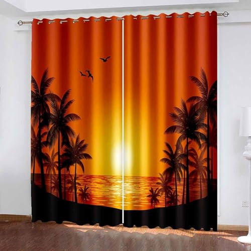 Lirzxin Gardinen Verdunkelung 160 cm Lang, Verdunkelungsvorhänge mit Ösen 2er Set Orange Palmen und Meer Sonnenuntergang Landschaft Vorhänge für Schlafzimmer Wohnzimmer, 102x160 cm(BxH)