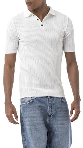 Redbridge by Tarz Cool Herren Strick Poloshirt mit Knopfleiste Kurzarm Retro Sommer Look Weiß Gr.M