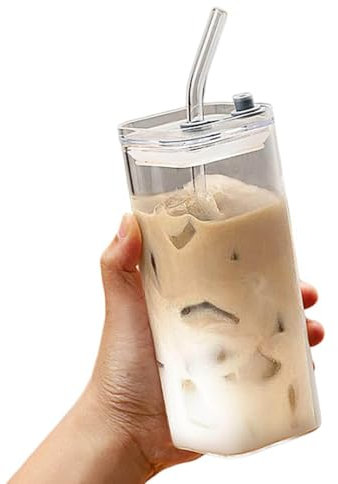 Générique Gobelets en Verre Transparent avec Couvercles et Pailles Verres à Boire Carrés de 400 ML Tasse à Boire Portable Résistante à La Température pour Jus, Boissons Froides, Café Glacé (A)