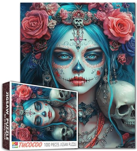 Day of The Dead Blue Hair Woman Sugar Skull Jigsaw Puzzle 1000 Pieces Adult Student Challenging Fantasy Art Floral Skulls Roses Colorful Puzzles 20×27 Inches Creative Gift Home Decor Brain Teaser