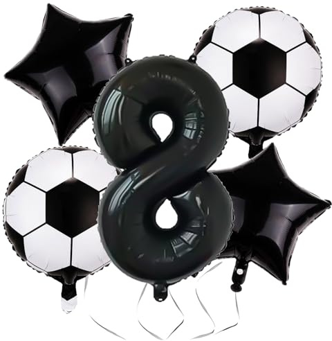 Ovanda 5 Stück Fussball Luftballon, Schwarz Zahlen 8 Folienballon, Fussball Deko Geburtstag Kinder, für Junge Kinder Geburtstag Weltmeisterschaft Spieltag Party, Ballon Stern, Schwarze Luftballons