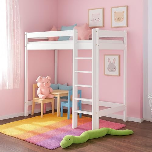 MEBLE WRÓBEL Hochbett 80x160 cm - Kinderbett mit Lattenrost und Rausfallschutz, Holzbett, Etagenbett mit Leiter Bett - Jugendbett Ohne Matratze Weiß - Höhe 160 cm