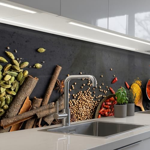 KitchenYeah© Küchenrückwand Selbstklebend Küchenspritzschutz Rückwand | 60x200 cm - Wandschutz Ohne Bohren Spritzschutz Wand Wandverkleidung Kräuter - Lebensmittel - Gewürze - Schwarz - Paprika