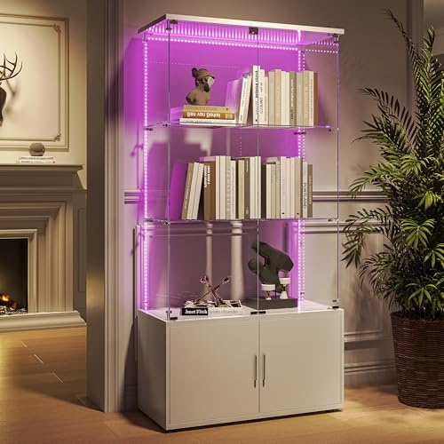 Vetrina in vetro con Led,Armadio vetrina per collezione con 4 ante 3 ripiani trasparenti,Mobile basso in legno,Mobile vetrine in vetro,Specchio vetrine per figure armadio (4 piani4 porta+LED-1,Bianco)