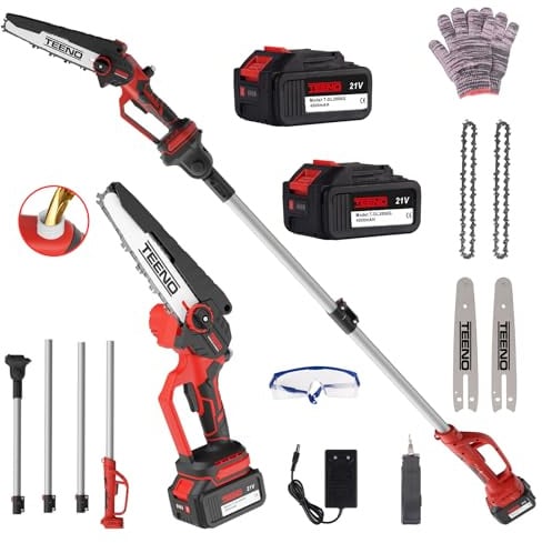 TEENO Segatrice elettrica,segatrice elettrica 2 in 1,asta telescopica | staccabile,regolazione a 180°,6 pollici,2 batterie da 4000 mAh,2 piastre di guida,2 catene