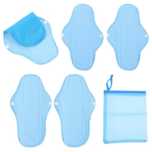 Waschbare Damenbinden 6 Stück aus Pul Stoff, Blaue Menstruationsbinden | Polar Fleece Pad, Wiederverwendbar und Auslaufsicher, mit Wasserabweisender Zugbeutel Tasche