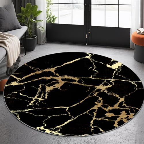 USHIRUG Moderner Runder Marmorteppich, 120cm Rutschfester Waschbarer Teppich in Schwarz und Gold, Weicher Flanell-Kurzflorteppich, Luxuriöser Abstrakter Teppiche für Eingangsbereich, Wohnzimmer