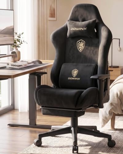 Dowinx Gaming Stuhl, Ergonomischer Gamer Chair mit Fußstütze, Wildlederimitat Gaming Sessel mit 90°-155° Rückenlehne, 150KG Belastbarkeit PC Stuhl, Computerstuhl mit Flüsterleise PU-Rollen, Schwarz