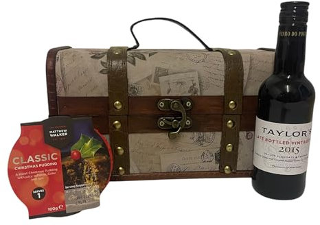 20cl Taylor's Late Bottled Vintage Port with 100g Festive Pudding Presented in a Rose Design Food Hamper Chest